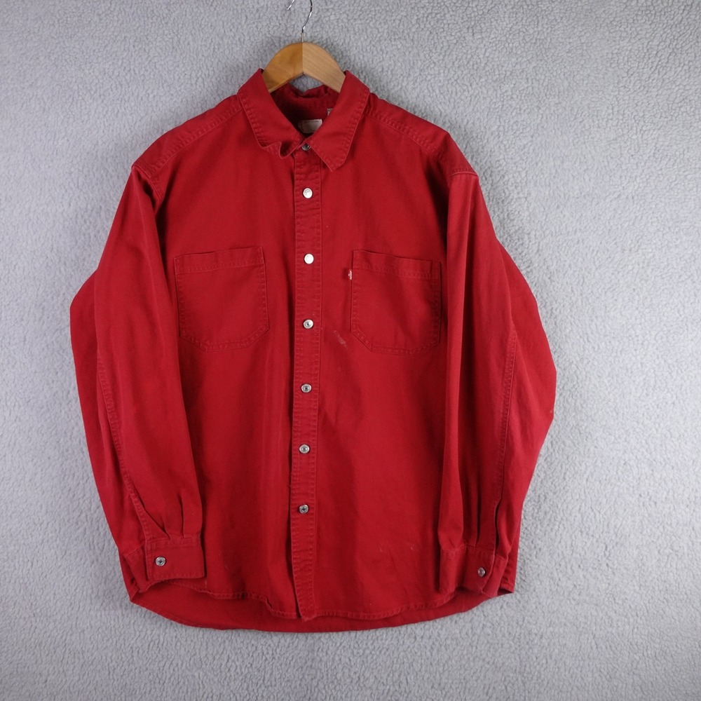 Vintage Levis Mens Red Twill Long Sleeve Button Down Work‎ Shirt Large Red Tab
